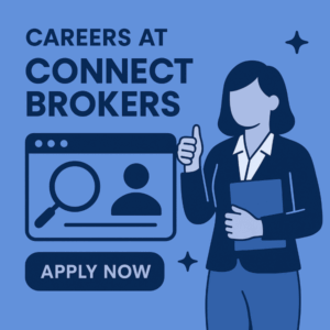 A square blue graphic featuring the heading “Careers at Connect Brokers” in bold dark blue text. A female professional figure stands on the right holding a folder and giving a thumbs up. On the left is a computer-style window with a magnifying glass and user icon, and below it a dark blue “Apply Now” button.