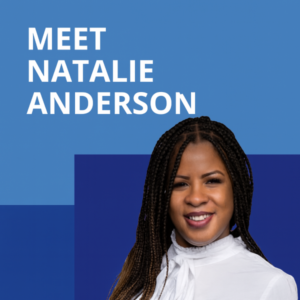 Meet Natalie Anderson promotional graphic in dark and light blue , with large white Open Sans text “MEET NATALIE ANDERSON” on the left and Natalie’s smiling portrait on the right, shown in original photo colours.