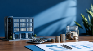 Commercial Mortgage Deposit planning with a commercial property model, calculator, coins and financial documents.