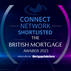 A 600x600 promotional graphic featuring “CONNECT NETWORK SHORTLISTED” in bold, uppercase Open Sans in light and dark blue, overlaid on the original “The British Mortgage Awards 2023” background image with its colours preserved. The design includes a dark, starry gradient backdrop with neon blue and purple accents, circular arc elements on the left and right, and the text “THE BRITISH MORTGAGE AWARDS 2023” and “Presented by MortgageSolutions” visible beneath the Connect Network shortlisted headline.