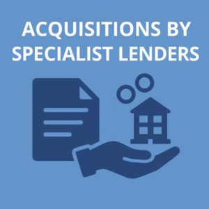 Flat-design square graphic (600x600) with a light blue background. Large white uppercase headline at the top reads “ACQUISITIONS BY SPECIALIST LENDERS”. Below the text are dark blue icons: a document on the left, an open hand across the bottom centre, and a small house above the hand on the right with two simple circular shapes above it.