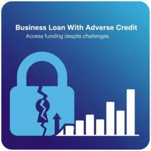 Square graphic with rounded corners and a blue gradient background. At the top, white text reads ‘Business Loan With Adverse Credit’, with a smaller subtitle saying ‘Access funding despite challenges’. On the left is a large cracked padlock icon in light blue, symbolising credit difficulties. On the right is a white upward bar chart with an arrow, representing business growth and improved financial prospects.