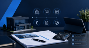 Commercial Loans Explained with business finance documents, a commercial property model, calculator and lending icons.