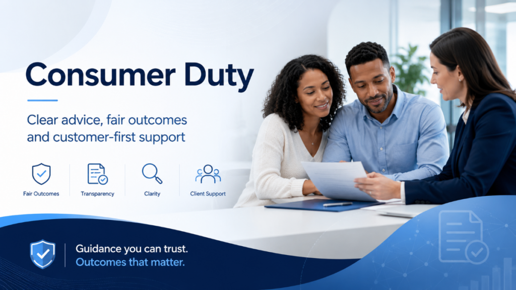 Consumer Duty hero image showing a diverse couple receiving mortgage advice from an adviser, with icons for fair outcomes, transparency, clarity and client support.