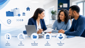 Mortgage Packaging for Brokers hero image showing a broker meeting with clients and a five-step packaging process: submit your case, case assessment, packaging and preparation, lender submission, and completion and support.