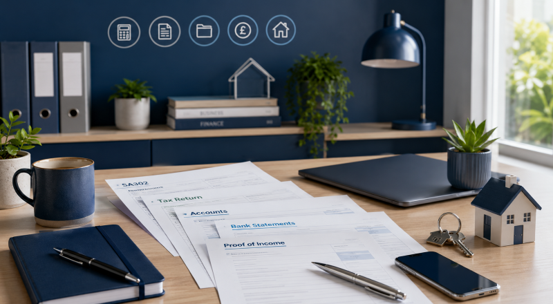 Self-Employed Mortgage Cases with tax returns, accounts, bank statements and proof of income on a professional desk.