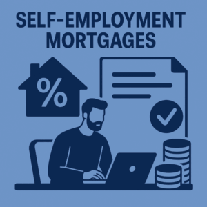 A flat blue-toned illustration showing a self-employed person working on a laptop, with icons of a house containing a percentage symbol, a document with a checkmark, and stacked coins, representing self-employment mortgages.