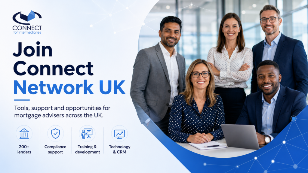 Join Connect Network UK hero image showing a diverse group of professional mortgage advisers with icons for 200+ lenders, compliance support, training and development, and technology and CRM.