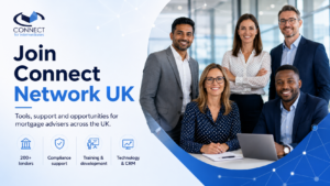 Join Connect Network UK hero image showing a diverse group of professional mortgage advisers with icons for 200+ lenders, compliance support, training and development, and technology and CRM.