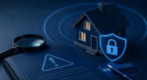 Mortgage Fraud Controls for UK Mortgage Advisers, illustrated by a secured home, protective shield, warning document and magnifying glass.
