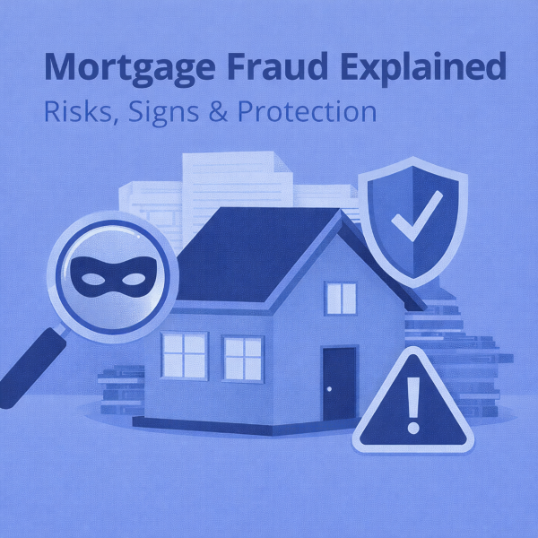 Square graphic in two blue tones showing the headline “Mortgage Fraud Explained” and subheading “Risks, Signs & Protection”. In the centre is a house with stacks of documents behind it. A magnifying glass with a masked face icon appears on the left, a shield with a tick on the right, and a warning triangle with an exclamation mark at the bottom right, representing detection and protection from fraud.