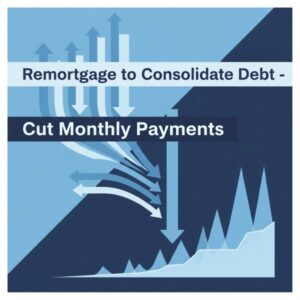Blue infographic-style graphic with the headline “Remortgage to Consolidate Debt – Cut Monthly Payments”. The design features multiple downward arrows merging into a single downward arrow, alongside simplified bar and line chart shapes, illustrating reduced outgoings and consolidated payments.