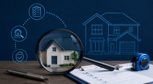 Property Surveys and Mortgage Lending Decisions illustrated by a model home, magnifying glass, survey checklist and measuring tape.