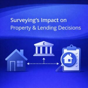 Square blue graphic with a wave-style gradient background. Large white text reads “Surveying’s Impact on Property & Lending Decisions”. Along the bottom are simple icons showing a house on the left, a bank building with a pound symbol in the centre, and a clipboard with a magnifying glass over a house on the right, connected by dotted arrows to suggest how surveys influence lending outcomes.