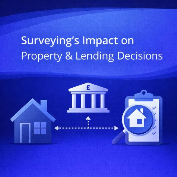 Square blue graphic with a wave-style gradient background. Large white text reads “Surveying’s Impact on Property & Lending Decisions”. Along the bottom are simple icons showing a house on the left, a bank building with a pound symbol in the centre, and a clipboard with a magnifying glass over a house on the right, connected by dotted arrows to suggest how surveys influence lending outcomes.