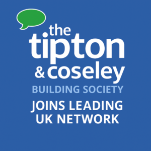 Tipton & Coseley Building Society logo (with green speech bubble) above stacked white and light-blue text reading “the tipton & coseley BUILDING SOCIETY” and “JOINS LEADING UK NETWORK”, centred on a dark-to-mid blue gradient background.