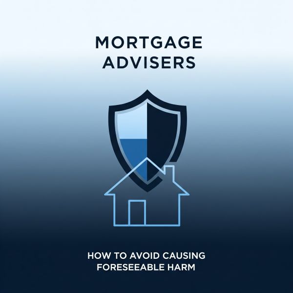 Square graphic with a light-to-dark blue vertical gradient background. At the top, dark text reads ‘MORTGAGE ADVISERS’. In the centre is a shield icon in dark and light blue, with a simple outline of a house in front of it, symbolising protection. At the bottom, white text reads ‘HOW TO AVOID CAUSING FORESEEABLE HARM’.