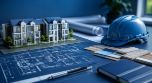 Digital Tools for Development Finance Cases: Architectural model, development plans and construction helmet representing why development projects require specialist mortgage finance.