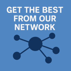 A square blue graphic with the white headline “Get the Best From Our Network” above a dark blue network icon showing a central hub connected to multiple smaller nodes.