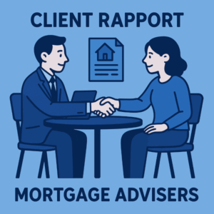 A flat-style illustration of a mortgage adviser and a client sitting at a round table, shaking hands to represent strong client rapport.