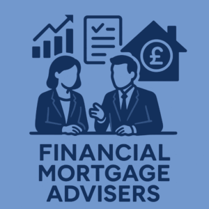 A flat-design illustration showing two financial mortgage advisers sitting at a desk, one male and one female, discussing mortgage options. Behind them are icons of a rising financial chart, a checklist document, and a house with a pound symbol