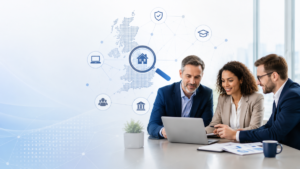 Find Mortgage Network in the UK hero image showing diverse mortgage professionals reviewing network options, with UK map graphics and icons representing compliance, training, technology, lender access and adviser support.