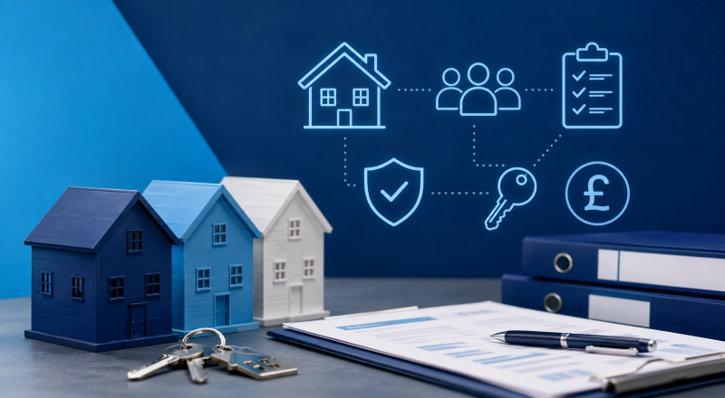 HMO Property Due Diligence with property models, compliance checklist, keys and finance icons.