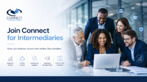 Join Connect for Intermediaries hero image showing a diverse group of mortgage advisers collaborating around a laptop, with icons for business growth, lender access, compliance support, training and development, and CRM and technology solutions.
