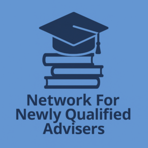 Square (600×600) graphic in two blues. A dark blue graduation cap sits above a stack of three dark blue books on a light blue background. Below, the text “Network For Newly Qualified Advisers” appears in a bold, clean sans-serif style.