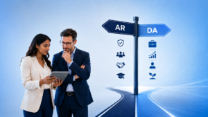 Should I Go AR or DA? Hero image showing two business professionals reviewing a tablet beside a signpost pointing to AR and DA, with symbols representing support, compliance, business growth, training and development.