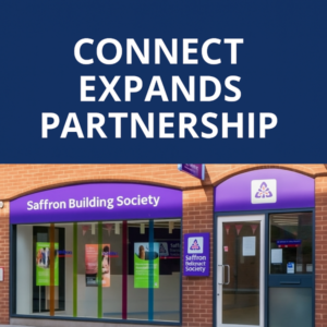 Square 600×600 graphic in dark and light blue with large white Open Sans-style headline “CONNECT EXPANDS PARTNERSHIP” at the top, and a photo below of a Saffron Building Society branch exterior with red brickwork, purple signage, and glass windows