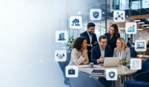Mortgage Network for Advisers showing a diverse team of brokers collaborating in a modern office with icons for compliance, lending, technology, protection and business growth.