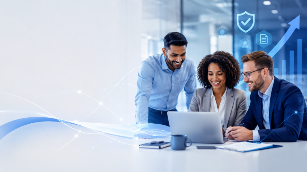 Becoming an Appointed Representative hero image showing a diverse group of mortgage professionals working together in a modern office, with compliance, growth and support icons representing adviser onboarding through the Connect Network.