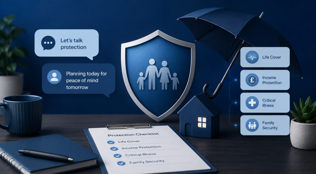 Protection Advice in the Mortgage Process, illustrated with a shield, home, umbrella and protection checklist covering life cover, income protection, critical illness and family security.