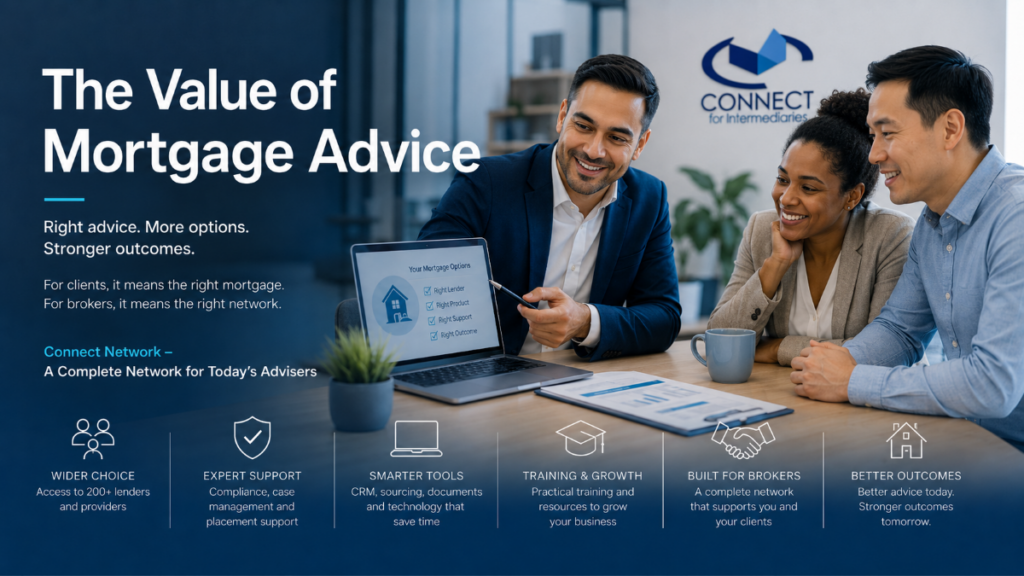 The Value of Mortgage Advice hero image showing a multicultural adviser meeting with clients, with the Connect for Intermediaries logo on the office wall.