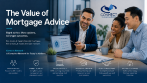The Value of Mortgage Advice hero image showing a multicultural adviser meeting with clients, with the Connect for Intermediaries logo on the office wall.