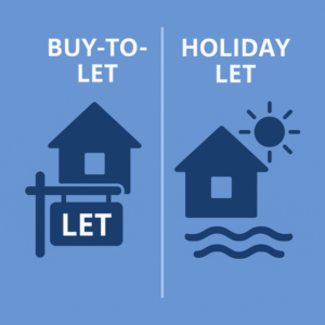 Square 600×600 graphic split into two vertical panels with a thin divider. Left panel reads “BUY-TO-LET” above a dark-blue house icon with a “LET” sign. Right panel reads “HOLIDAY LET” above a dark-blue house icon with a sun and two wave lines. Background is light blue; icons and text are dark blue and white in a clean, bold sans-serif style.