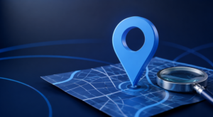 Mortgage Broker Directories search concept with a location pin, magnifying glass and digital map in dark and light blue.