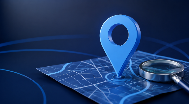 Mortgage Broker Directories search concept with a location pin, magnifying glass and digital map in dark and light blue.