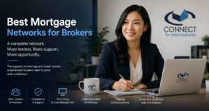 Best Mortgage Networks for Brokers hero image showing a professional Asian female mortgage adviser in a modern office with Connect for Intermediaries branding, highlighting a complete network with lender access, compliance support, technology, case placement, training and business growth.