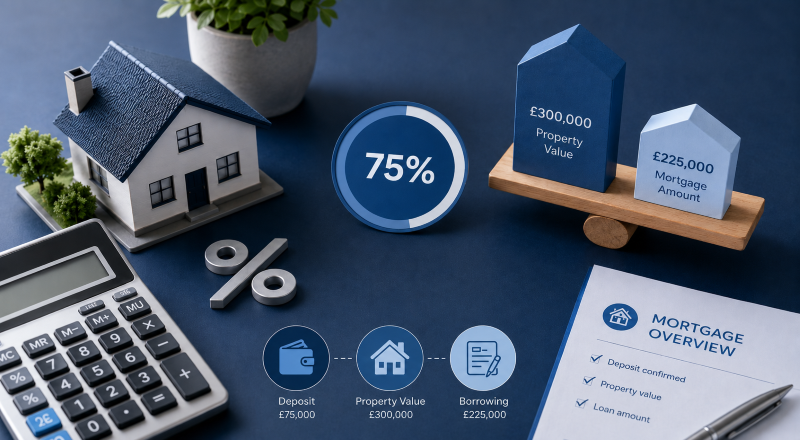 Loan-to-Value for Mortgage Brokers guide showing a house, calculator, 75% LTV indicator, property value, deposit and mortgage amount.