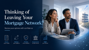Thinking of Leaving Your Mortgage Network hero image showing two professional advisers reviewing their options, with symbols for assessing needs, exploring options, protecting what matters, accessing more lender choice, and building a stronger future.