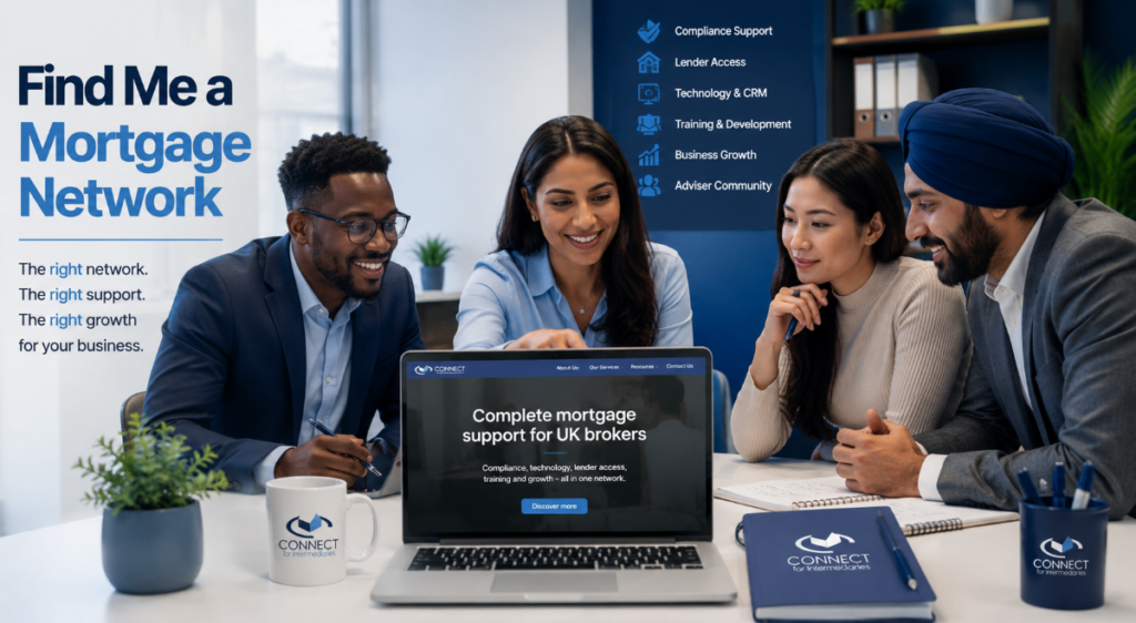 Find Me a Mortgage Network hero image showing a multicultural group of UK mortgage professionals reviewing complete broker support, compliance, technology, lender access and business growth on a laptop.