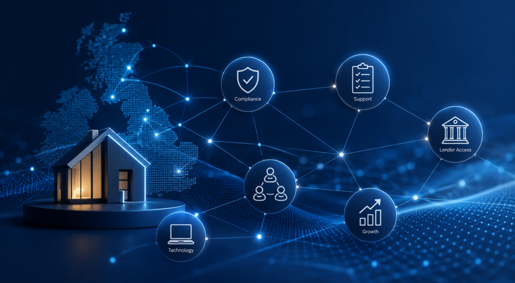 Find Me a Mortgage Network with compliance, lender access, technology, support and business growth icons across a connected UK network.