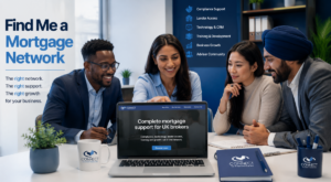 Find Me a Mortgage Network hero image showing a multicultural group of UK mortgage professionals reviewing complete broker support, compliance, technology, lender access and business growth on a laptop.