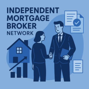 Illustration showing an independent mortgage broker shaking hands with a client beside a house icon, growth chart, and documents