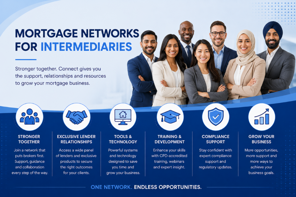 Mortgage Networks for Intermediaries hero image showing a multicultural group of advisers with icons for stronger together, exclusive lender relationships, tools and technology, training and development, compliance support, and business growth.