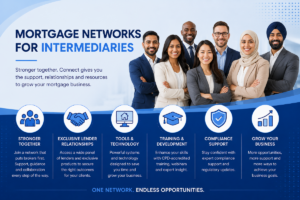 Mortgage Networks for Intermediaries hero image showing a multicultural group of advisers with icons for stronger together, exclusive lender relationships, tools and technology, training and development, compliance support, and business growth.