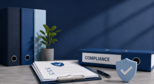 Mortgage Network Compliance Support for UK Advisers, shown through compliance files, a checklist and a security shield in branded blue tones.