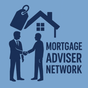 Blue flat-design graphic showing two figures shaking hands beside a house icon and a blank price tag, with the words Mortgage Adviser Network displayed to the right.